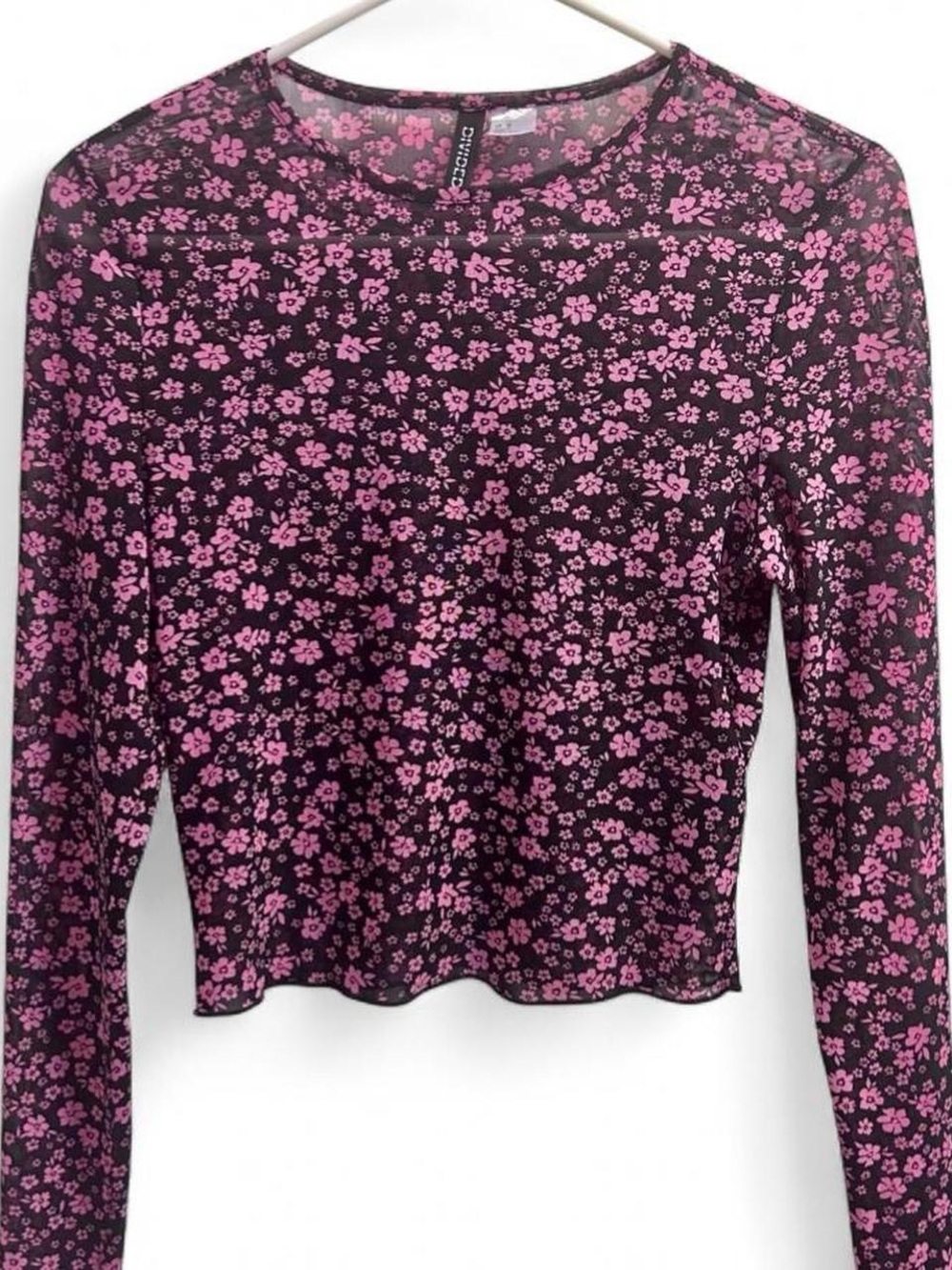 H&M Pink and black sheer floral long sleeve crop top